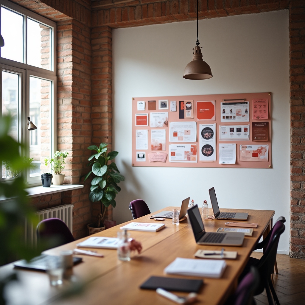 Kreativer Büroraum mit Moodboards und Arbeitsmaterialien in Wien