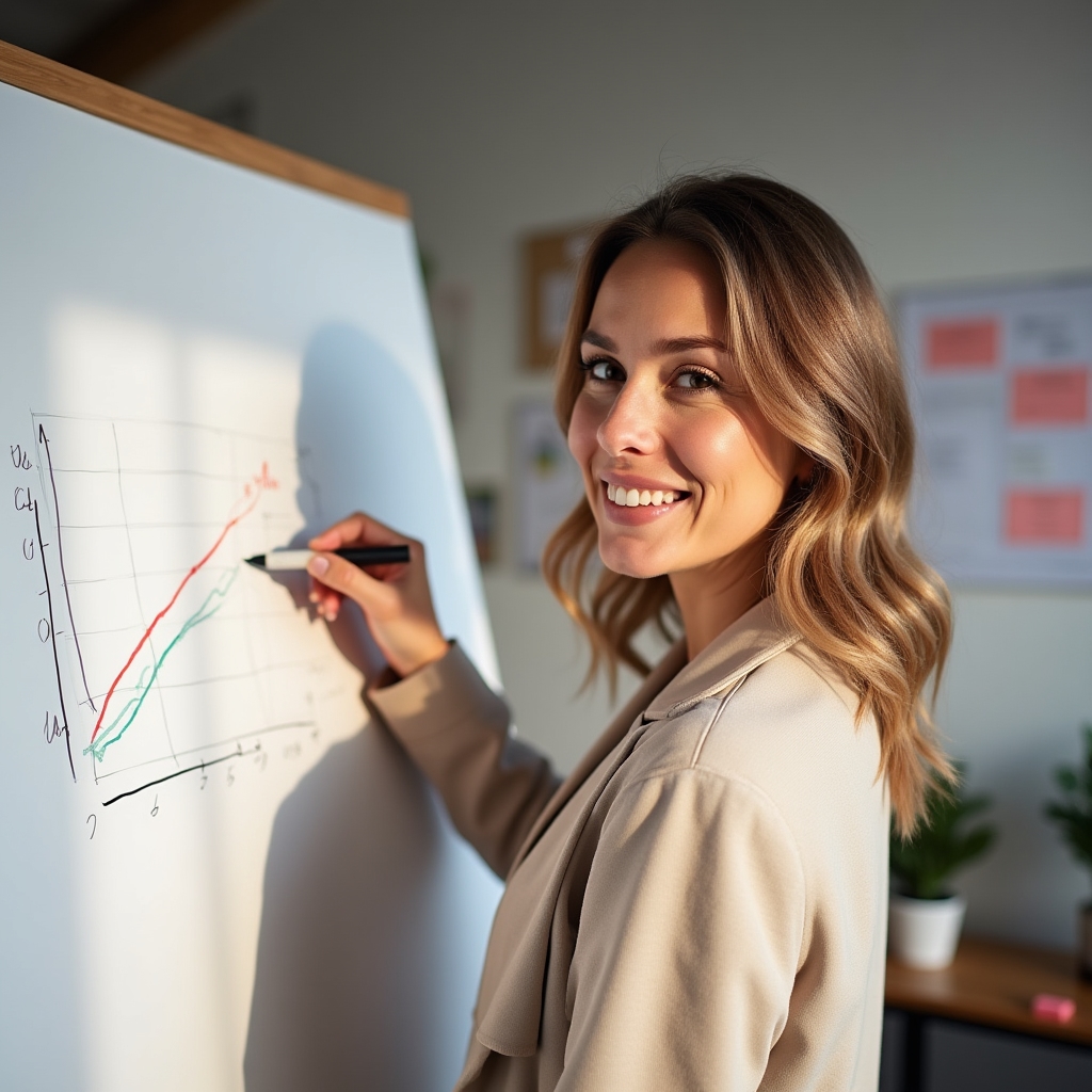Trainerin erklärt an einem Flipchart den Unterschied zwischen Korrelation und Kausalität
