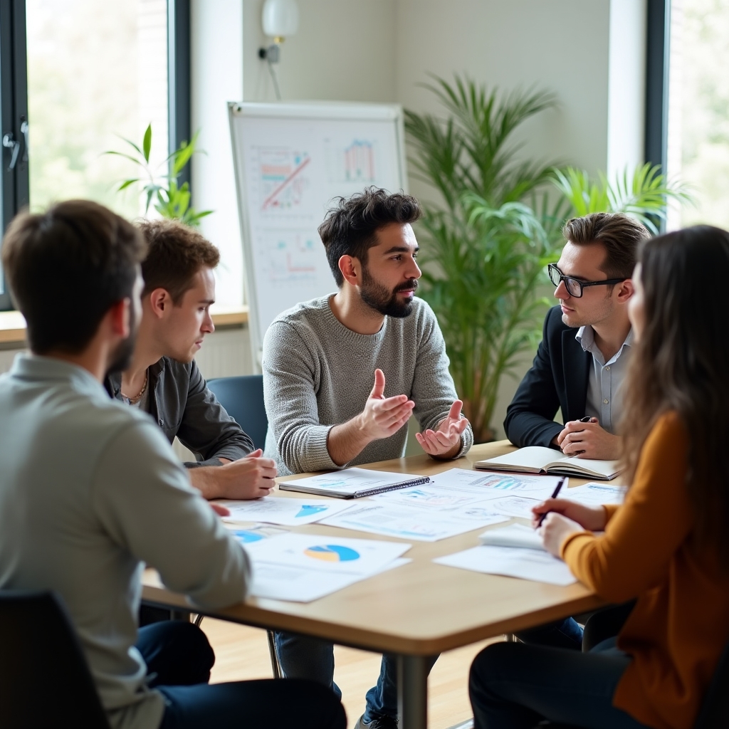 Gruppe diskutiert im Seminarraum an mehreren Tischen über ein Fallbeispiel