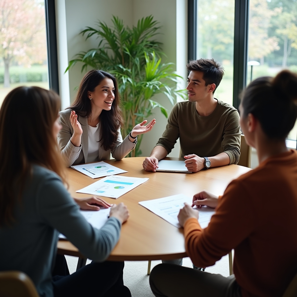 Kleine Gruppe diskutiert an einem Tisch über eine Entscheidung anhand von Unterlagen