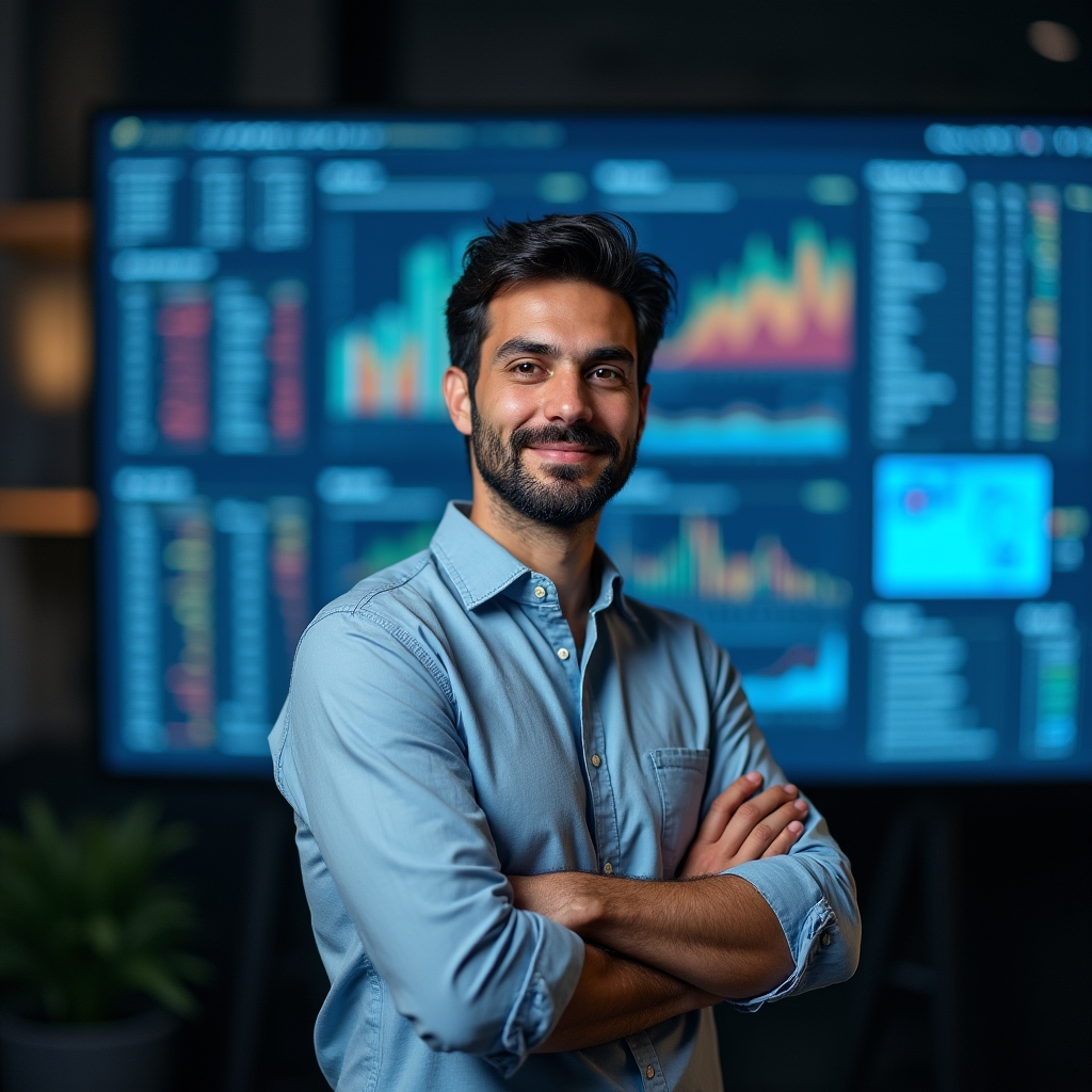 Portrait eines Teammitglieds mit Fokus auf Datenanalyse vor einem Bildschirm