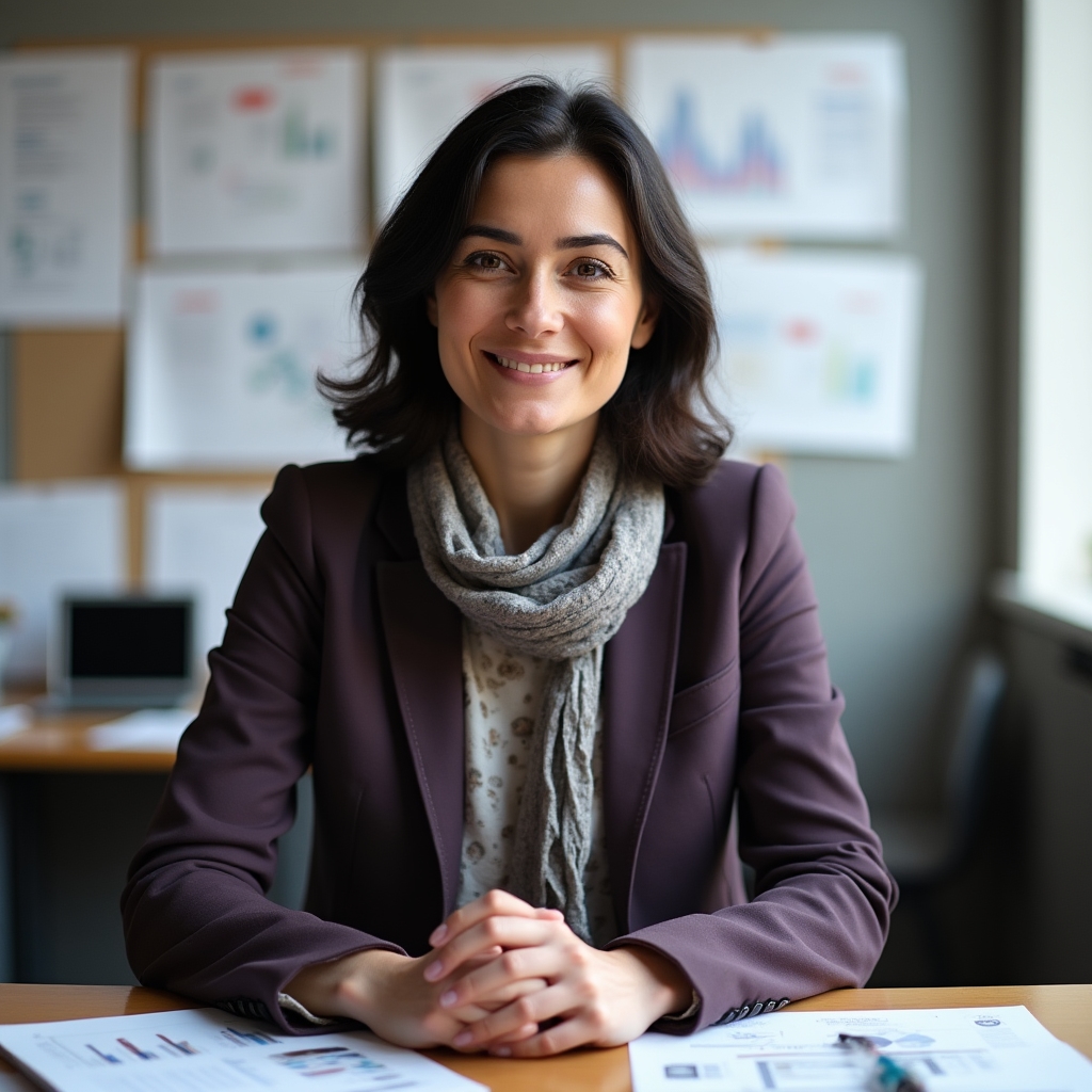 Portrait der Trainingsleitung in einem Büro mit Datenvisualisierungen